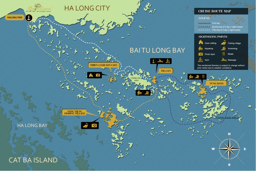 Halong Bay and Bai Tu Long Bay 3 day 2 night cruise map itinerary